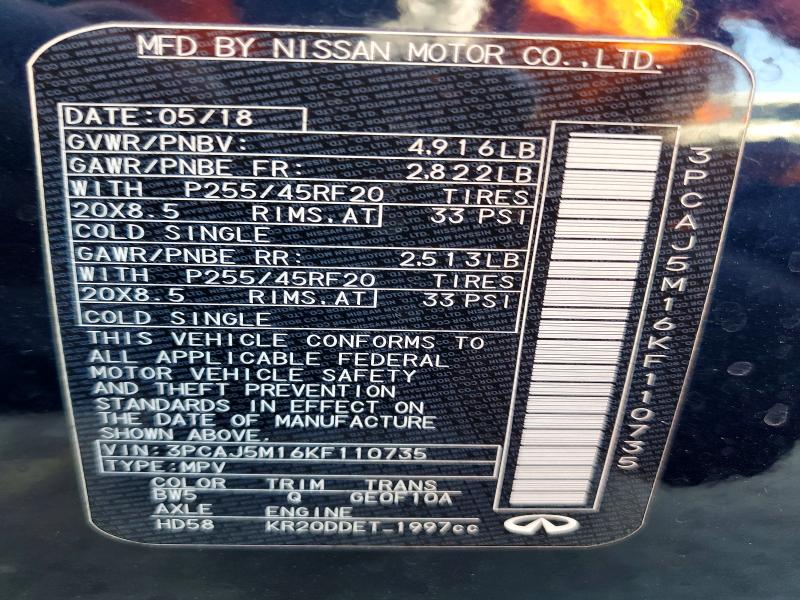 61864076 :رقم المزاد ، 3PCAJ5M16KF110735 vin ، 2019 Infiniti Qx50 مزاد بيع