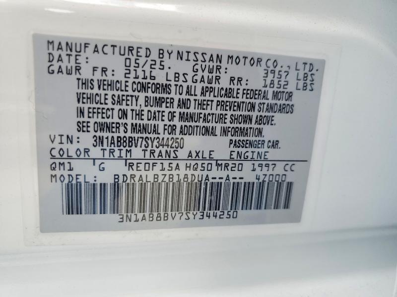 2025 Nissan Sentra მანქანა იყიდება აუქციონზე, vin: 3N1AB8BV7SY344250, აუქციონის ნომერი: 60878076