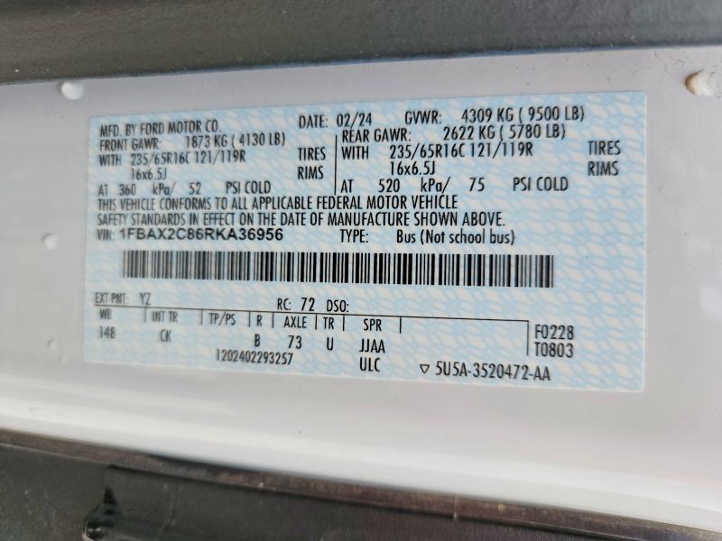 2024 Ford Transit მანქანა იყიდება აუქციონზე, vin: 1FBAX2C86RKA36956, აუქციონის ნომერი: 61605846