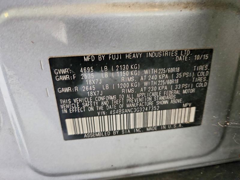 58954006 :رقم المزاد ، 4S4BSANC3G3247352 vin ، 2016 Subaru Outback مزاد بيع