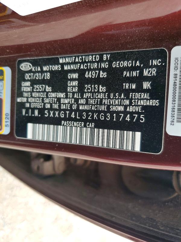 60527186 :رقم المزاد ، 5XXGT4L32KG317475 vin ، 2019 Kia Optima مزاد بيع