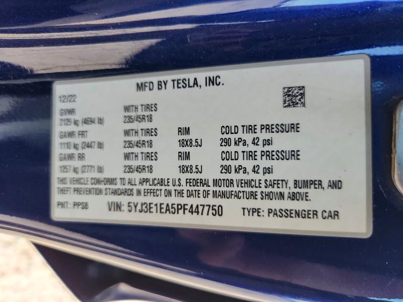 2023 Tesla Model 3 მანქანა იყიდება აუქციონზე, vin: 5YJ3E1EA5PF447750, აუქციონის ნომერი: 61217676