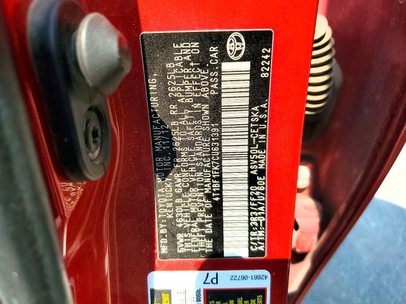 2012 Toyota Camry მანქანა იყიდება აუქციონზე, vin: 4T1BF1FK7CU631391, აუქციონის ნომერი: 63364876