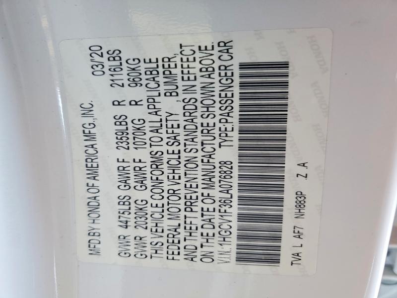 2020 Honda Accord მანქანა იყიდება აუქციონზე, vin: 1HGCV1F36LA076828, აუქციონის ნომერი: 60870496
