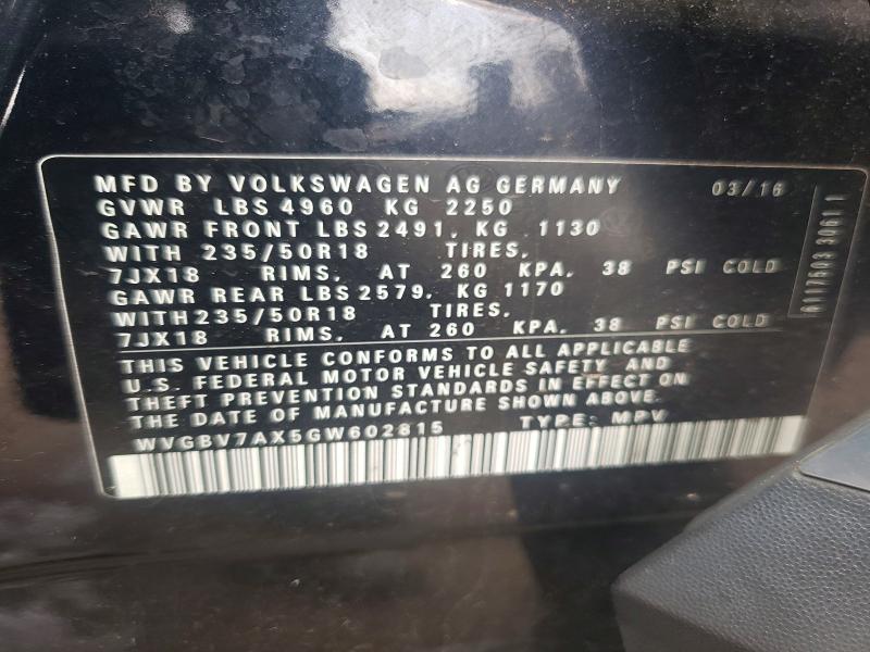 61500656 :رقم المزاد ، WVGBV7AX5GW602815 vin ، 2016 Volkswagen Tiguan مزاد بيع