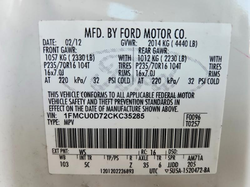 Aukcja sprzedaży 2012 Ford Escape, vin: 1FMCU0D72CKC35285, numer aukcji: 61499976