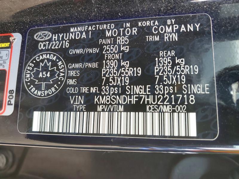 2017 Hyundai Santa Fe მანქანა იყიდება აუქციონზე, vin: KM8SNDHF7HU221718, აუქციონის ნომერი: 60623416