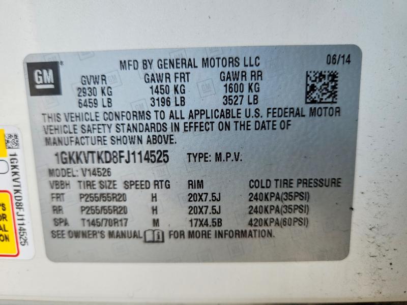 60940156 :رقم المزاد ، 1GKKVTKD8FJ114525 vin ، 2015 Gmc Acadia مزاد بيع