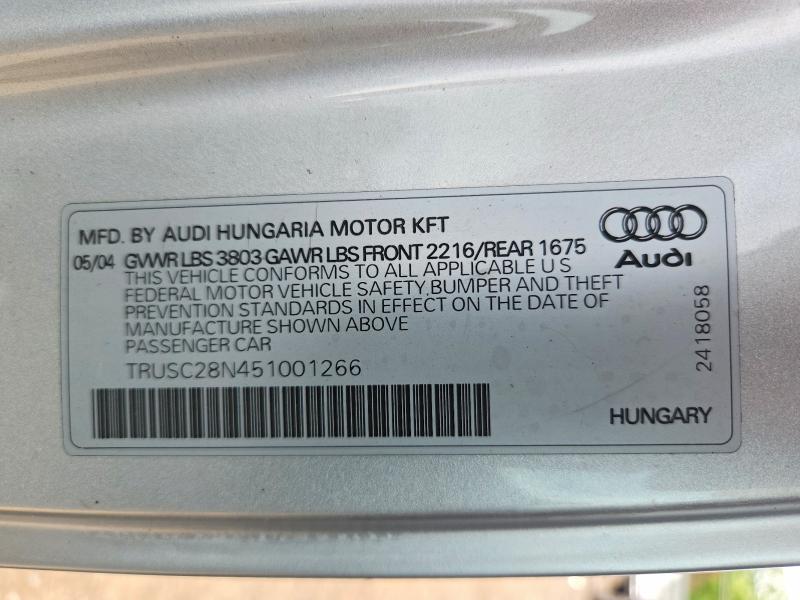 Aukcja sprzedaży 2005 Audi Tt, vin: TRUSC28N451001266, numer aukcji: 60284656