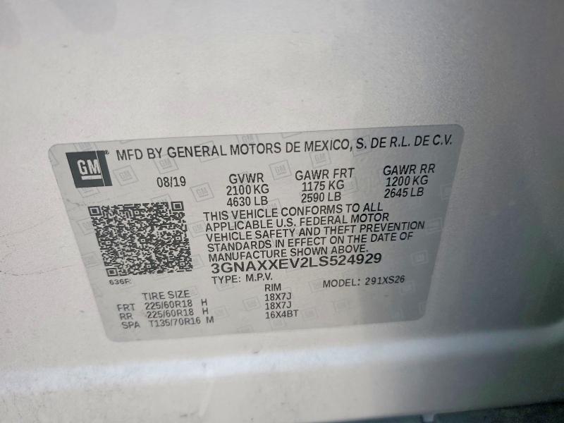 60762406 :رقم المزاد ، 3GNAXXEV2LS524929 vin ، 2020 Chevrolet Equinox مزاد بيع