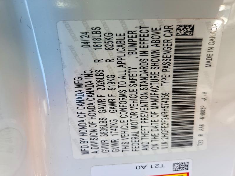 2024 Honda Civic მანქანა იყიდება აუქციონზე, vin: 2HGFE2F24RH574059, აუქციონის ნომერი: 63594666