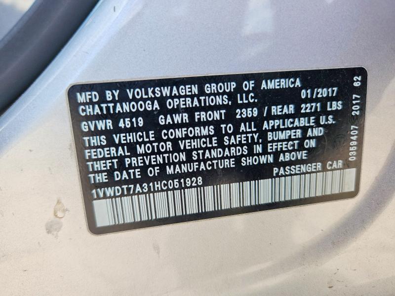 Aukcja sprzedaży 2017 Volkswagen Passat, vin: 1VWDT7A31HC051928, numer aukcji: 60929976