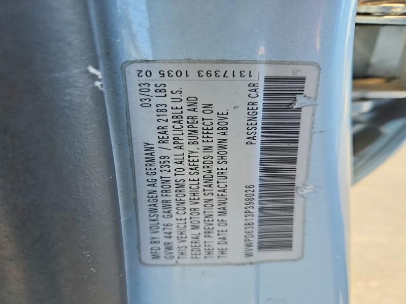 63232816 :رقم المزاد ، WVWPD63B13P398026 vin ، 2003 Volkswagen Passat مزاد بيع