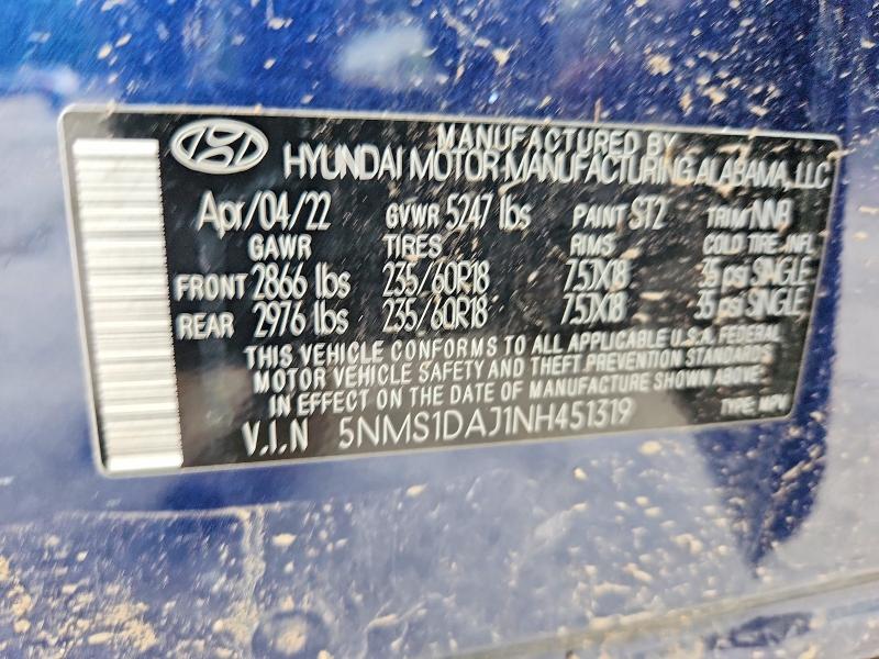 2022 Hyundai Santa Fe მანქანა იყიდება აუქციონზე, vin: 5NMS1DAJ1NH451319, აუქციონის ნომერი: 60448176