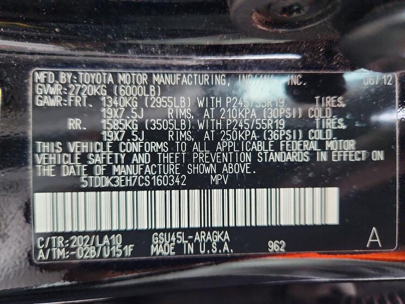 Aukcja sprzedaży 2012 Toyota Highlander, vin: 5TDDK3EH7CS160342, numer aukcji: 62772586