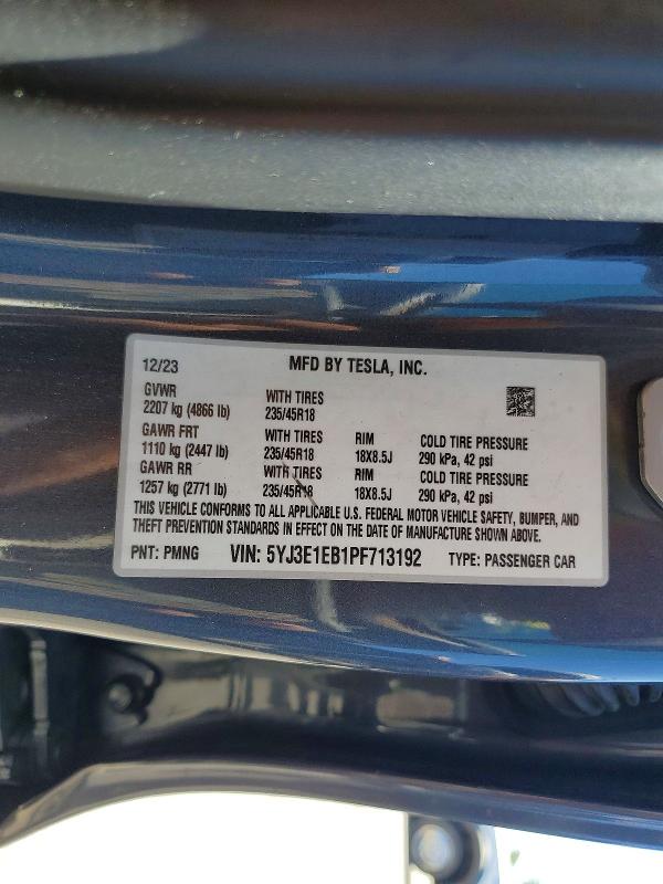 59195646 :رقم المزاد ، 5YJ3E1EB1PF713192 vin ، 2023 Tesla Model 3 مزاد بيع