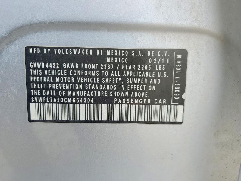 61314896 :رقم المزاد ، 3VWPL7AJ0CM664304 vin ، 2012 Volkswagen Jetta مزاد بيع