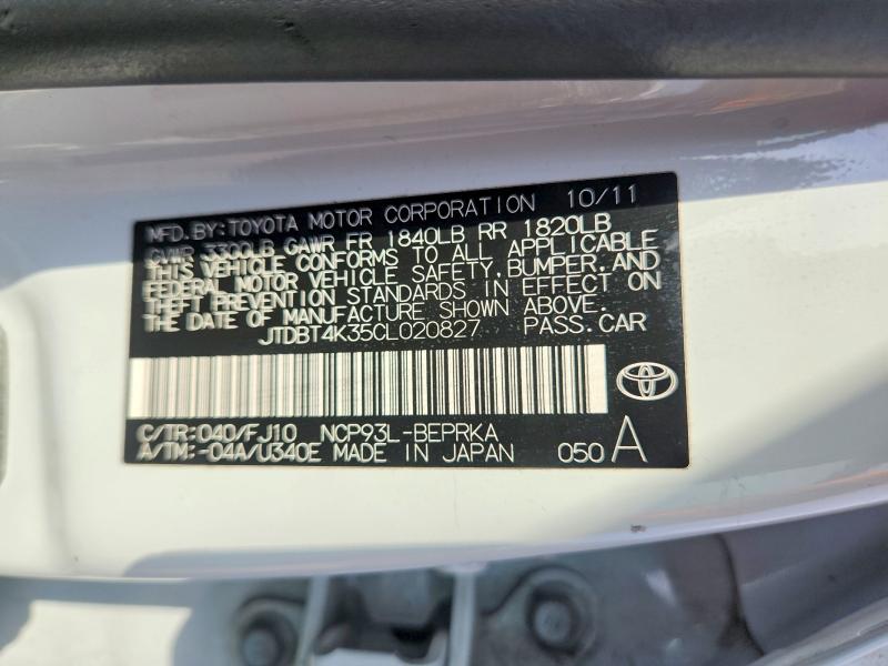 59701566 :رقم المزاد ، JTDBT4K35CL020827 vin ، 2012 Toyota Yaris مزاد بيع