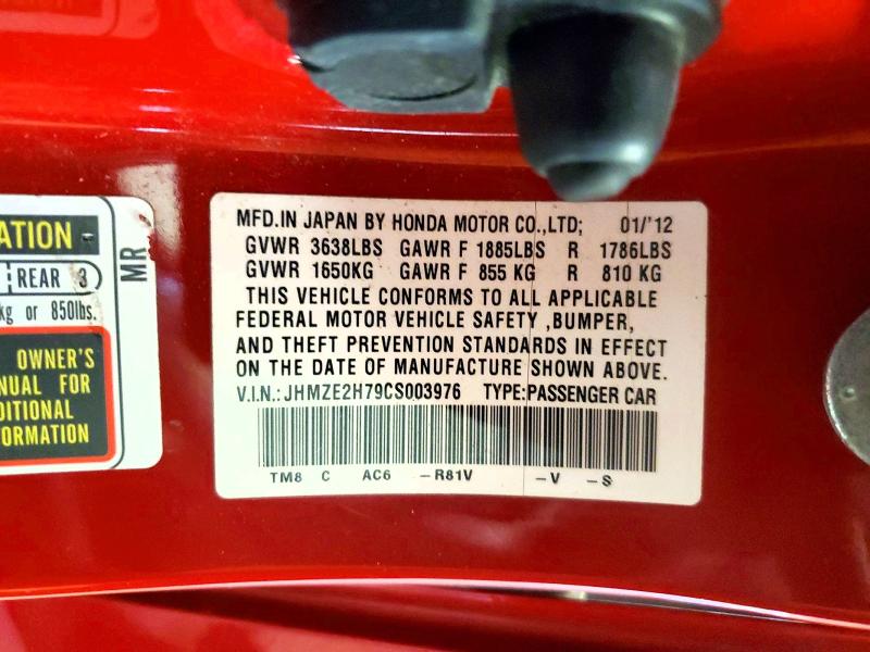 2012 Honda Insight მანქანა იყიდება აუქციონზე, vin: JHMZE2H79CS003976, აუქციონის ნომერი: 62095006