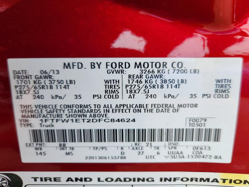 60168196 :رقم المزاد ، 1FTFW1ET2DFC84624 vin ، 2013 Ford F150 مزاد بيع