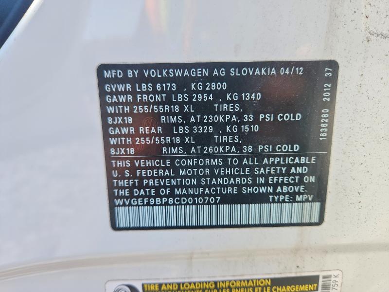 Aukcja sprzedaży 2012 Volkswagen Touareg, vin: WVGEF9BP8CD010707, numer aukcji: 60630336
