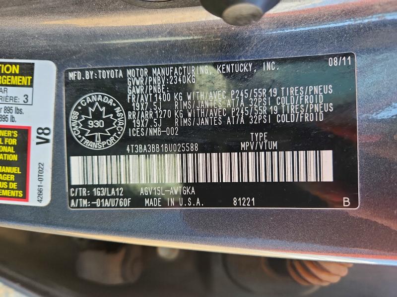 Aukcja sprzedaży 2011 Toyota Venza, vin: 4T3BA3BB1BU025588, numer aukcji: 63230906