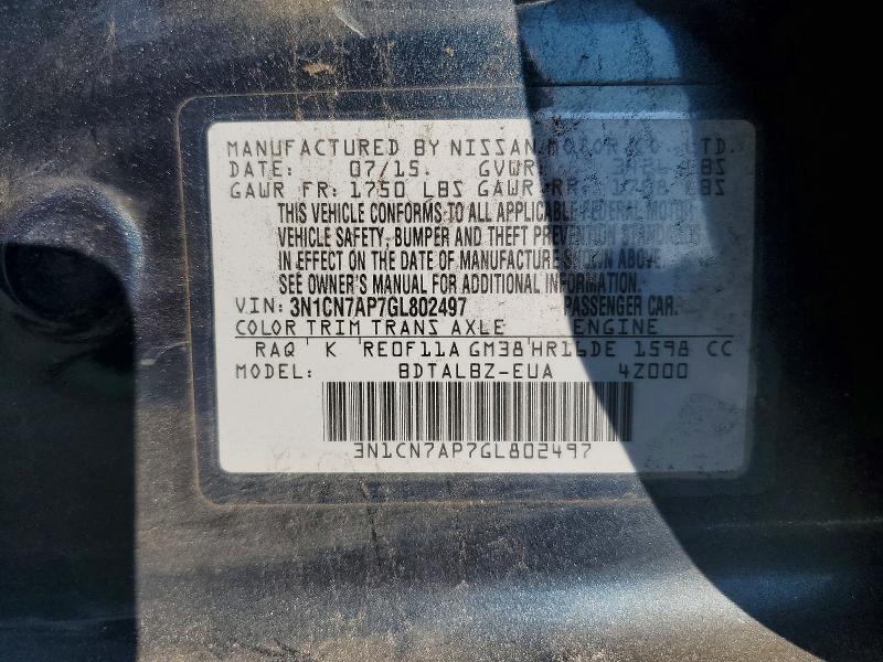 61213396 :رقم المزاد ، 3N1CN7AP7GL802497 vin ، 2016 Nissan Versa مزاد بيع