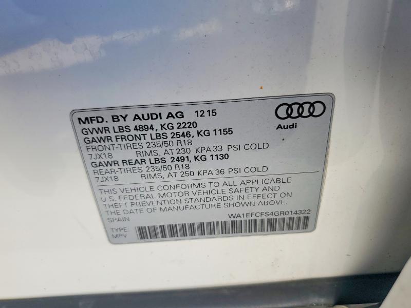 61500486 :رقم المزاد ، WA1EFCFS4GR014322 vin ، 2016 Audi Q3 مزاد بيع