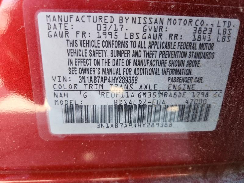 2017 Nissan Sentra მანქანა იყიდება აუქციონზე, vin: 3N1AB7AP4HY289388, აუქციონის ნომერი: 63310376