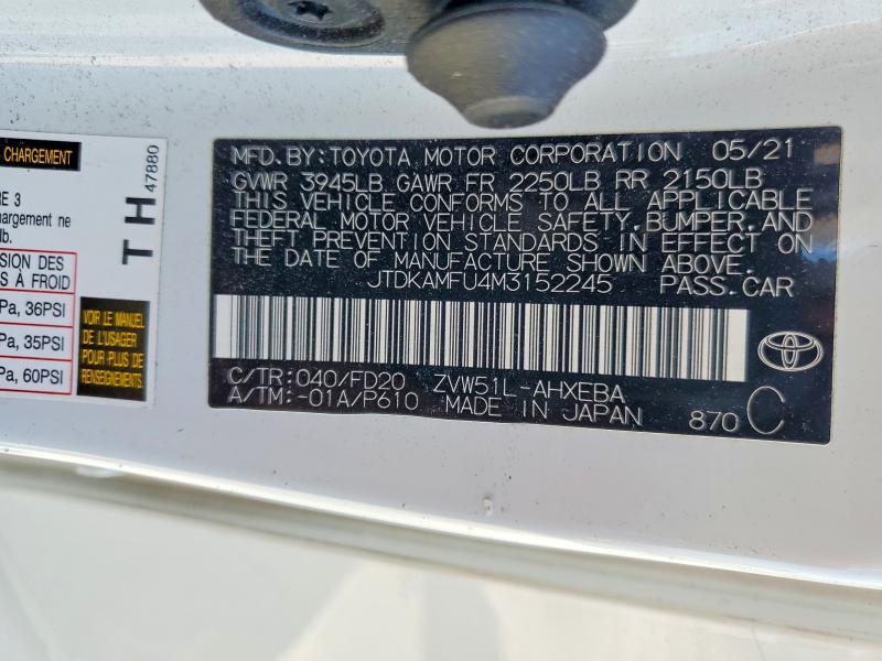 2021 Toyota Prius მანქანა იყიდება აუქციონზე, vin: JTDKAMFU4M3152245, აუქციონის ნომერი: 61968316