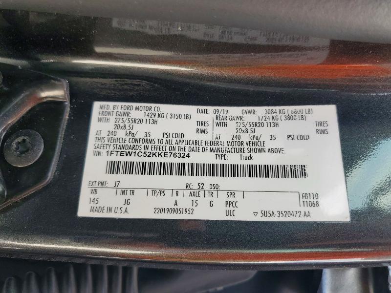 58224656 :رقم المزاد ، 1FTEW1C52KKE76324 vin ، 2019 Ford F150 مزاد بيع