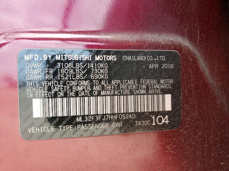 2017 Mitsubishi Mirage მანქანა იყიდება აუქციონზე, vin: ML32F3FJ7HHF05240, აუქციონის ნომერი: 60253846