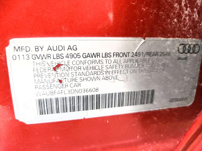 2013 Audi A4 მანქანა იყიდება აუქციონზე, vin: WAUBFAFL3DN036608, აუქციონის ნომერი: 60405236