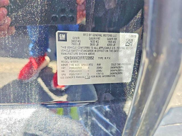 2015 Chevrolet Suburban მანქანა იყიდება აუქციონზე, vin: 1GNSKKKC8FR722852, აუქციონის ნომერი: 61456236