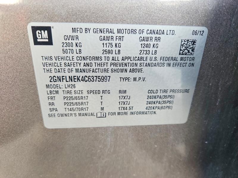 61854906 :رقم المزاد ، 2GNFLNEK4C6375997 vin ، 2012 Chevrolet Equinox مزاد بيع