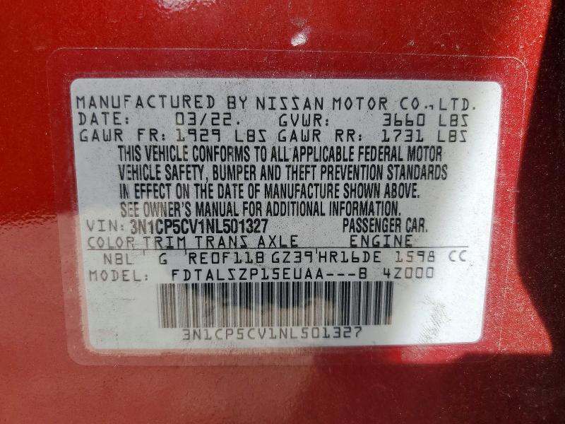 61482656 :رقم المزاد ، 3N1CP5CV1NL501327 vin ، 2022 Nissan Kicks مزاد بيع