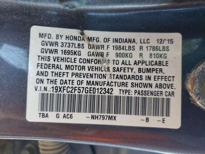 2016 Honda Civic მანქანა იყიდება აუქციონზე, vin: 19XFC2F57GE012342, აუქციონის ნომერი: 63236546