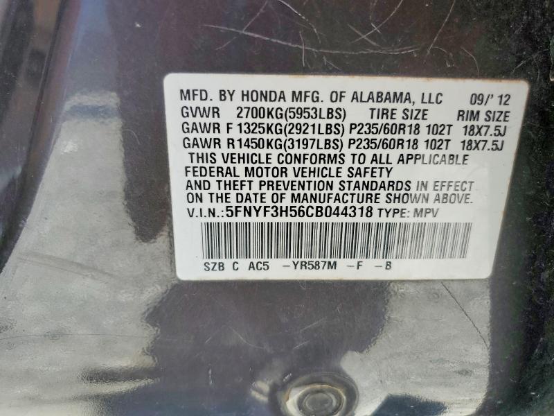 61392586 :رقم المزاد ، 5FNYF3H56CB044318 vin ، 2012 Honda Pilot مزاد بيع
