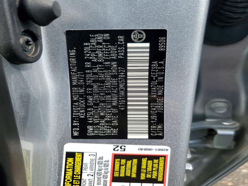 2021 Toyota Camry მანქანა იყიდება აუქციონზე, vin: 4T1G11AK3MU578427, აუქციონის ნომერი: 61925276