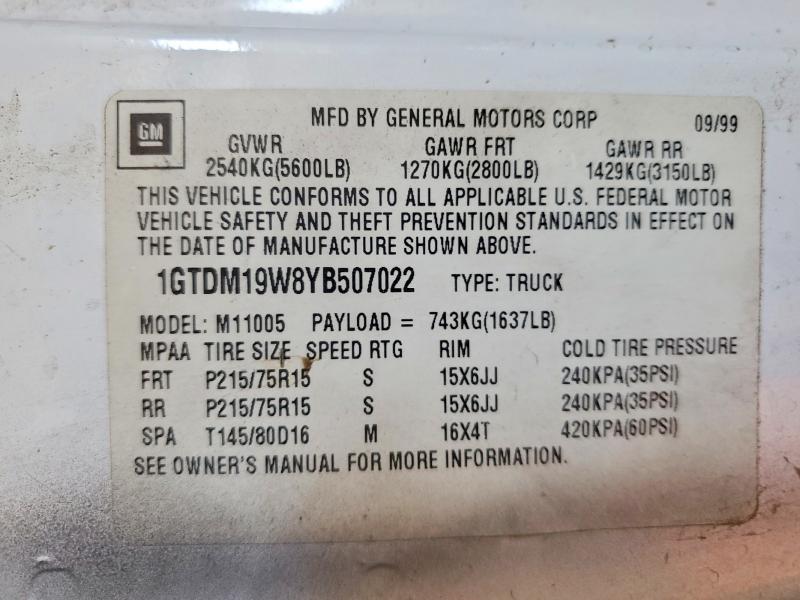 59968336 :رقم المزاد ، 1GTDM19W8YB507022 vin ، 2000 Gmc Safari مزاد بيع