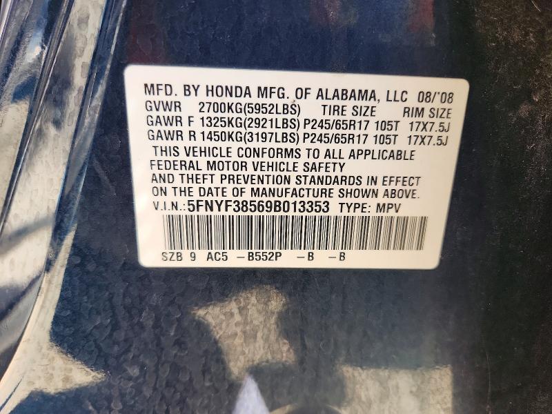 2009 Honda Pilot მანქანა იყიდება აუქციონზე, vin: 5FNYF38569B013353, აუქციონის ნომერი: 63236776
