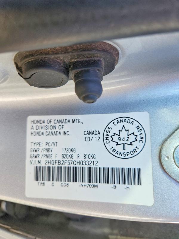 61114446 :رقم المزاد ، 2HGFB2F57CH033212 vin ، 2012 Honda Civic مزاد بيع