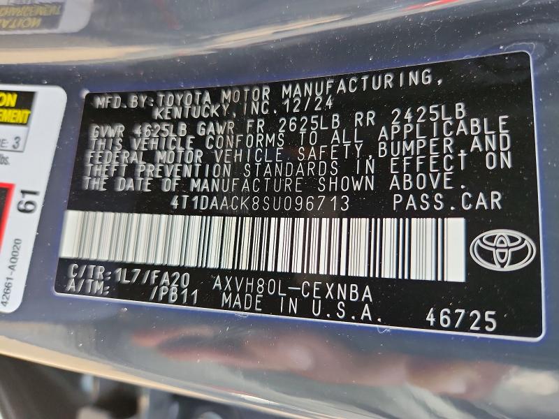 2025 Toyota Camry მანქანა იყიდება აუქციონზე, vin: 4T1DAACK8SU096713, აუქციონის ნომერი: 60992616