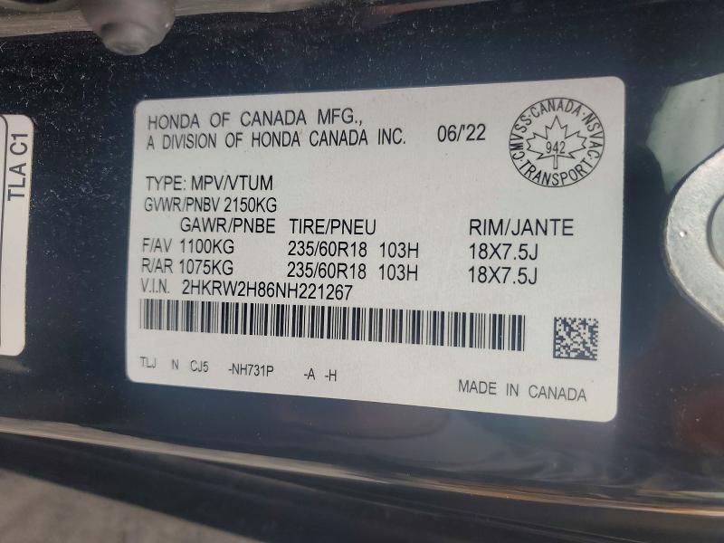 62658886 :رقم المزاد ، 2HKRW2H86NH221267 vin ، 2022 Honda Cr-v مزاد بيع
