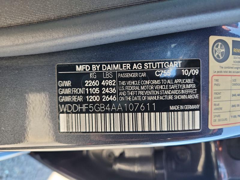 2010 Mercedes-benz E მანქანა იყიდება აუქციონზე, vin: WDDHF5GB4AA107611, აუქციონის ნომერი: 61580606