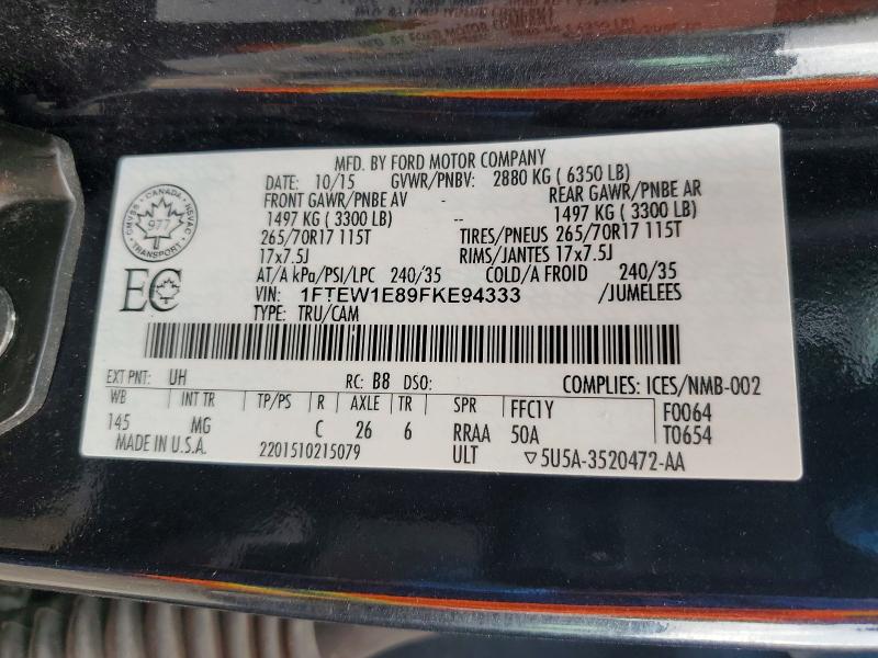 2015 Ford F150 მანქანა იყიდება აუქციონზე, vin: 1FTEW1E89FKE94333, აუქციონის ნომერი: 62640916