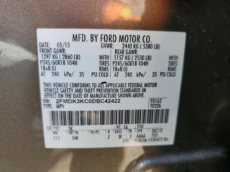 61161986 :رقم المزاد ، 2FMDK3KC0DBC42422 vin ، 2013 Ford Edge مزاد بيع