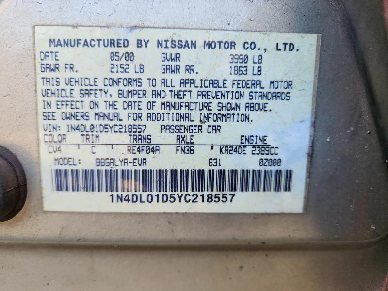 2000 Nissan Altima მანქანა იყიდება აუქციონზე, vin: 1N4DL01D5YC218557, აუქციონის ნომერი: 60637166