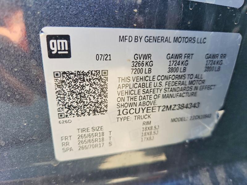 Aukcja sprzedaży 2021 Chevrolet Silverado, vin: 1GCUYEET2MZ384343, numer aukcji: 62340606