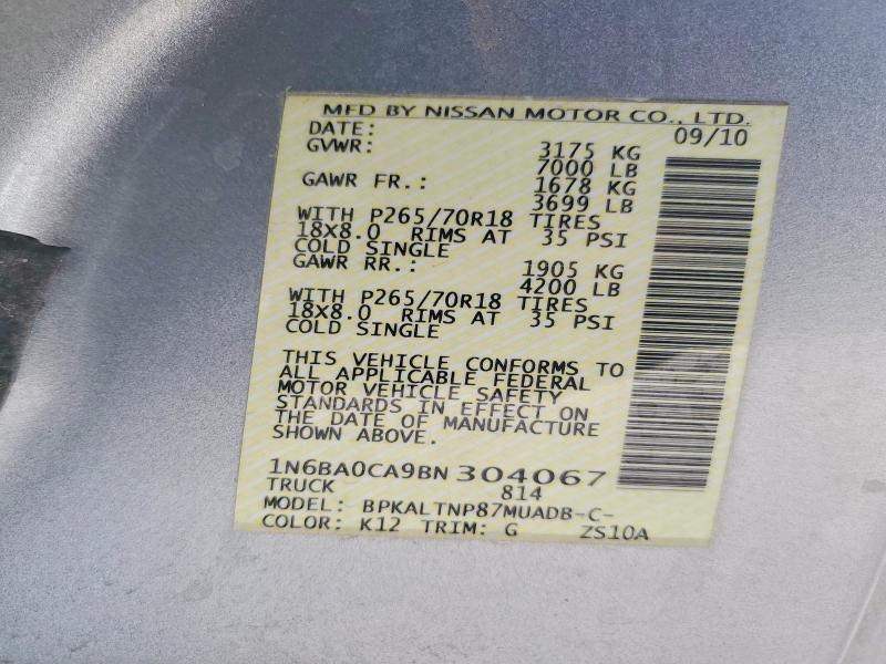 2011 Nissan Titan მანქანა იყიდება აუქციონზე, vin: 1N6BA0CA9BN304067, აუქციონის ნომერი: 61738366